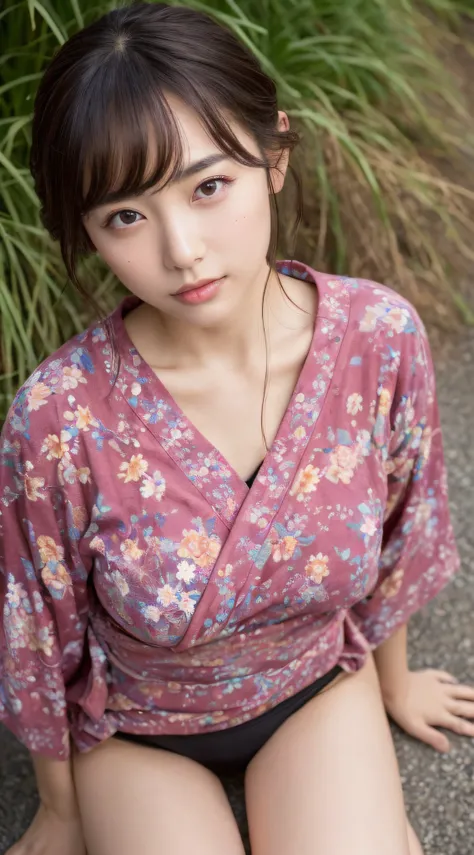 ((of the highest quality, 8K, masterpiece: 1.3)), Beauty, 1 Japan Girl, Big: 1.3, dark brown hair, (Open legs: 1.2), detailed face, very detailed lips, Detailed eyes, Double eyelids, open yukata, Sweaty skin: 1.2, ((from above: 1.5)), sexy, panty