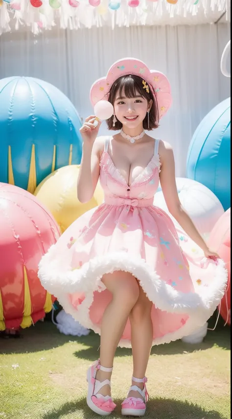 Fashion: Dress up in a colorful ensemble reminiscent of candy wrappers, Bright pastel colors and playful accessories cleavage、huge tit、sixteen years old. 2. Pose: Pose whimsically while holding a giant lollipop, Show off a carefree and fun attitude. 3. Bac...