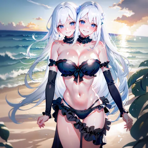 (masterpiece, best quality), best resolution, (2heads:1.5), 1girl, white hair, blue eyes, black bikini, blushing, smiling, different facial expressions, nervous, shy, beach at sunset, close-up