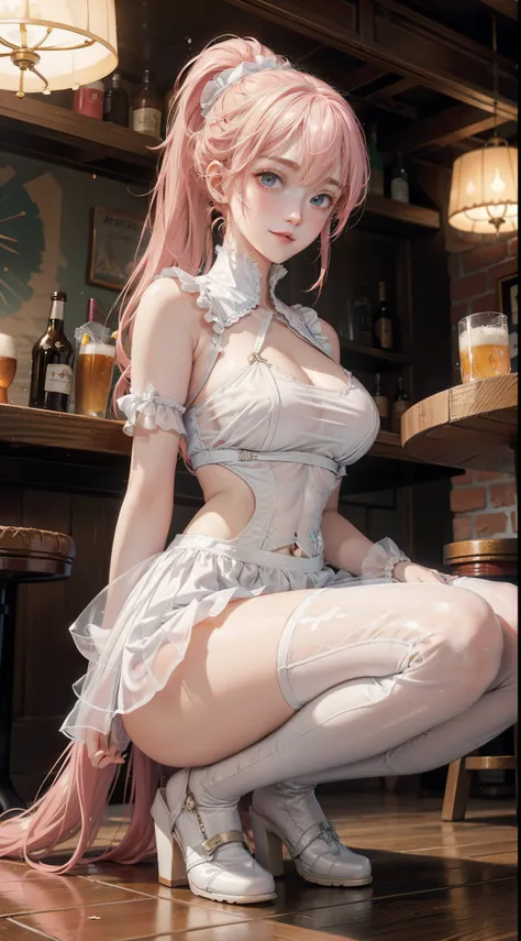 in a pub，The light is dim，Many strong men，Bar girls，White boatswain suit，Superskirt，drenched all over the body，Standing or sitting or squatting，Blonde or red or pink hair，Long or short hair or double ponytail or single ponytail or curly hair。see-through tr...