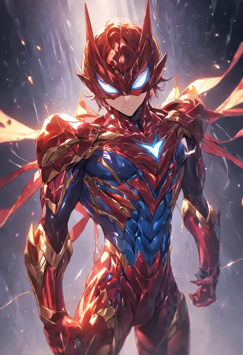 gold Saint Seiya weairing spiderman suit，THE CHEST IS RED AND BLUE, Full body like，combats，Close-up，of a real，Facial features are carefully depicted，Realistic skin texture，Dark style，depth of fields，high light，Real light，Ray traching，oc rendered，Hyper-real...