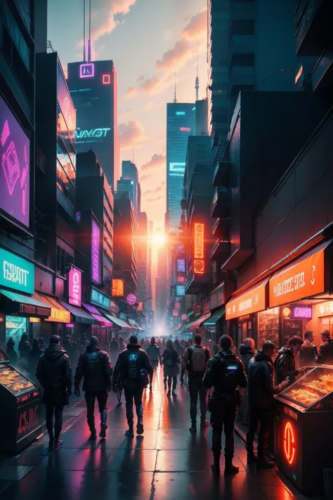 street level shot of a busy futuristic city street metropolis day, sunset, cyberpunk, neon lights