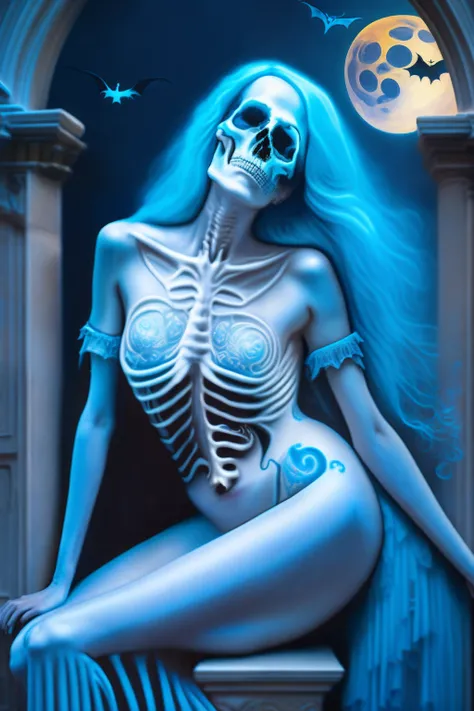 beautiful skeleton woman nude at the cemitery showing pussy, moon, bats, blue hair, happy face