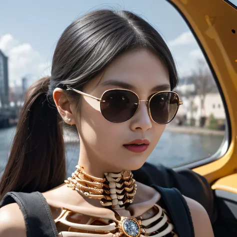 Wear thick gold-framed sunglasses，32K（tmasterpiece，k hd，hyper HD，32K）Burgundy double ponytail，Silver Skull Abandoned Area of the Pond，Indigo Skull King ，Hold the big G steering wheel （The skeleton is realistic：1.4），Skull pattern robe，Silver skull flower or...