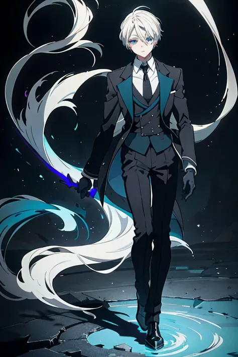 full body Esbian、frontage、Solo, Anime boy with platinum blond hair and blue eyes in black uniform jacket, White dress shirts, Anime Boy, tall anime man with blue eyes, Black gloves, neutral expresion,