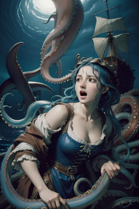 1 Lady, (screaming face), (afraid), (blue punk hair), (Blue Hair), (((attacked by giant squid))) ,(((giant squid in background))), (((underneath Squid))), (((Squid on top))), At night, ((Docks)), (oil painted), oil painting, majestic oil painting, realisti...