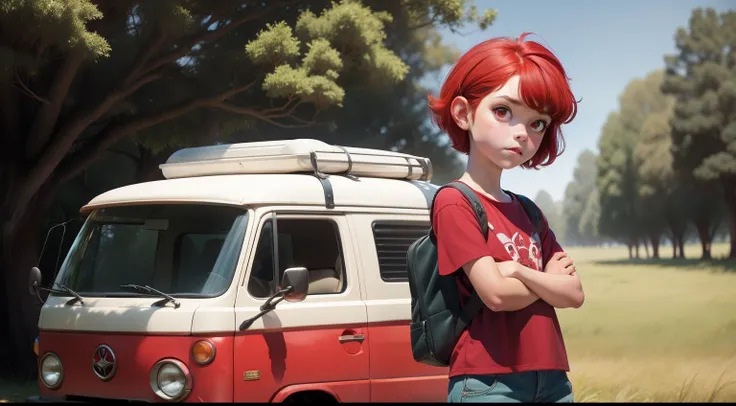 little girl with short red hair, fringe, red eyes, with red clothes, red shirt, wearing a backpack, leaning against a green kombi van,, in a field with trees, style of a Disney Pixar cartoon