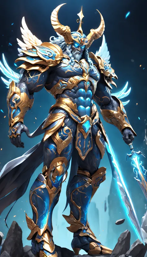 "3D humanoid Zeus Gemini warrior with intricate armor and powerful stance."