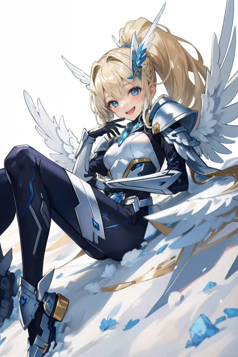 (​master piece, Best Quality),  Intricate details, valkyrie, kawaii, Happy, (((Laugh))), Villainous smile, Hand up, Looking at Viewer, Feather Headgear, white Balance, Lying down on flowermeadow,  
1 girl in, Solo, Portrait, high ponytail, Plutinum Blonde ...