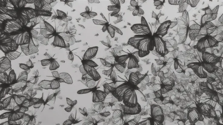 A black and white photo of a bunch of butterflies flying in the air, mariposas flotando en el cielo, mariposas volando, Mariposas, Enjambre de insectos, Mariposas en primer plano, Mariposas Monarca, por Shen Zhou, por Giovanni Pelliccioli, por Matija Jama,...