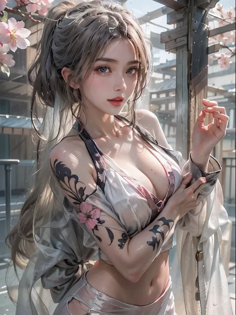 Photorealistic, High resolution, Soft light,1womanl, Solo, hips up high, glistning skin, (Detailed face),The tattoo, Jewelry, Dark see-through hanf, cherry blossom, Night, White wavy hair, Beautiful Soldier, An eye that invites the viewer, Lovers perspecti...