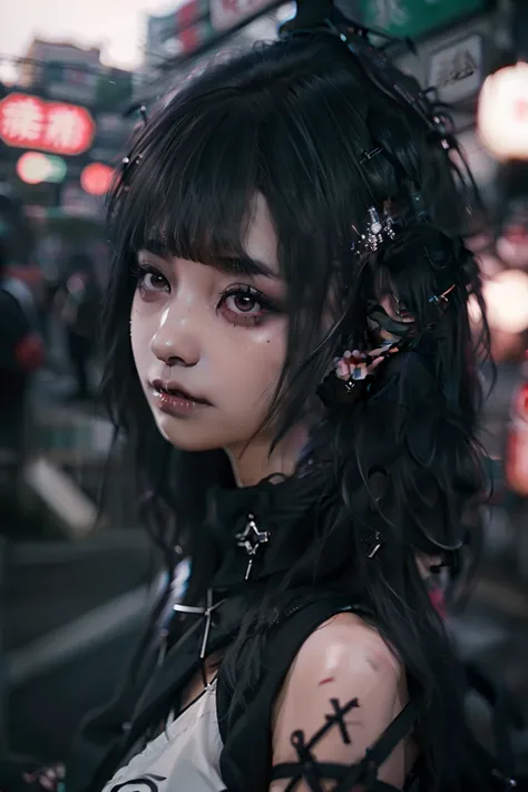 Huza、Sit up、Black and red mesh hair、goth_punk, 1girl in, 独奏, medium shot, Walking in Harajuku, ((during night)), bokeh dof, Neon light, Iridescent eyes, starrysky, White shiny hair, White eyebrows, Radiant hair, (iridescent white hair), 耳Nipple Ring, bangs...