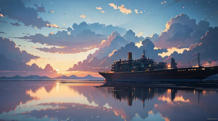 High-quality masterpieces, Landscapes, Anime Ships passing bodies of water on railroad tracks, Bright starry sky. meteors. The romantic Titanic, Pisif, concept-art, Lofi art style, Reflection. Makoto Shinkai, Raffe Art, beautiful anime scenes, Anime landsc...