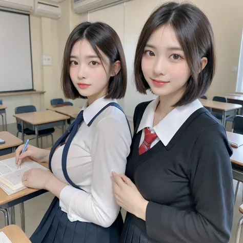 ((layered haircuts、Colossal tits:1.2)),（8K，highest  quality），full body shot shot，Watching from a distance，Distant shots，School Classroom，looking at book，In class，校服，pupils，High school student uniform，Full body photography:1.9，Android， adolable， ssmile， Thi...