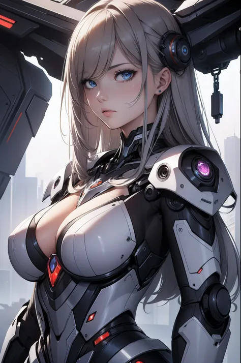 ((Masterpiece, Realistic Drawing, Extreme Detailed)) Elegant Girl with half robot and human, detailed background, mecha girl