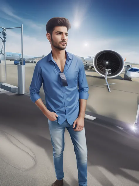 Change background in airport in hyper realistic  add new design of cloth but face will be super realistic