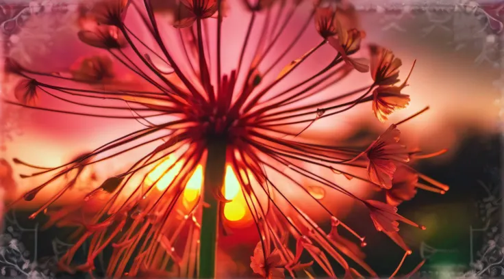 ((Red Spider Lily (Lycoris radiata))、(Sunset)):1.9、Highly detailed background，Realistic，ultra-detailliert，super detailed skin，light glow，Film grain，Expro II，Lens Flare，Sharpen，cinematic shadow