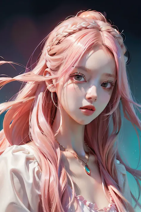 Close up of a man with blonde hair and necklace，digital art inspired by Yanjun Cheng，Tumblr Rococo，portrait of jossi of blackpink,portrait jisoo blackpink，Flowing pink hair，Long flowing pink hair，long bubblegum hair，with pink hair，Pink girl，pink hues，((Pin...