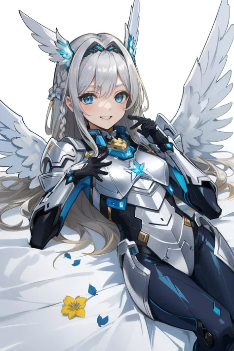 (​master piece, Best Quality),  Intricate details, valkyrie, kawaii, Happy, (((Laugh))), Villainous smile, Hand up, Looking at Viewer, Feather Headgear, white Balance, Lying down on back, flower meadow,  flat breast, 22yo, 
1 girl in, Solo, Portrait, Pluti...