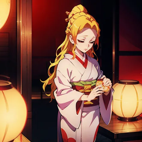 "Kimetsu no Yaiba style, portrays a single geisha girl in a splendid kimono, radiating beauty and elegance with beautiful blonde and red hair, capturing the essence of a graceful, self-effacing courtesan confident, passionate, flashy and full of energy."