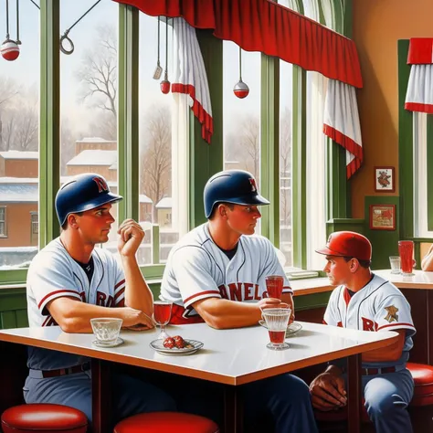 Retro restaurant with white painted snowflakes on the windows, baseball players looking through the window, Micky mantel, in the style of Norman Rockwell