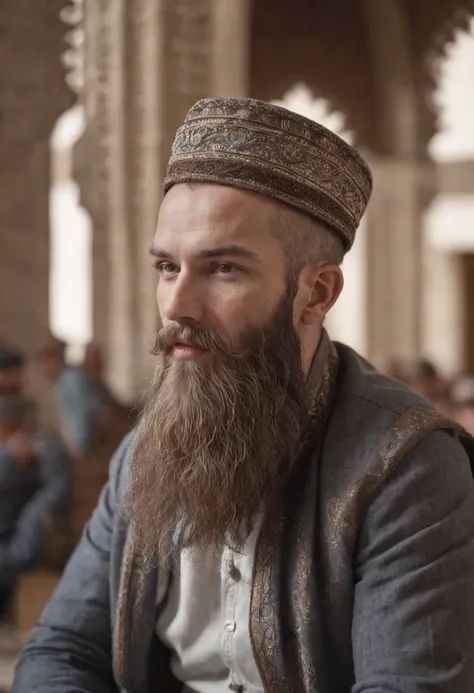 "A man with a majestic beard in a mosque, high resolution, highly detailed, a true masterpiece."