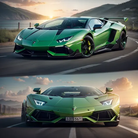 Realistical bright green lamborghini with a sunset background