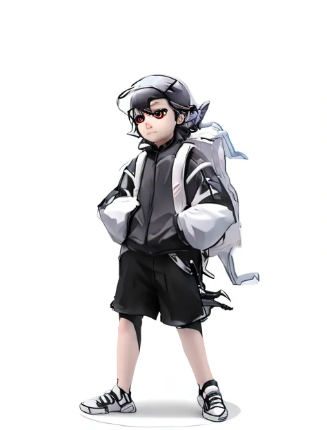 Cartoon boy with backpack and glasses standing in front of gray background, made with anime painter studio, anime style character, 2 d anime style, demon slayer rui fanart, ( ( concept art of character ) ), anime figure, pokemon trainer outfit, full body c...