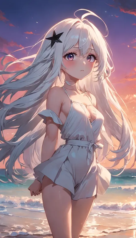 Beach，Look up，long white hair，Full body, Dark、Looking at the camera、