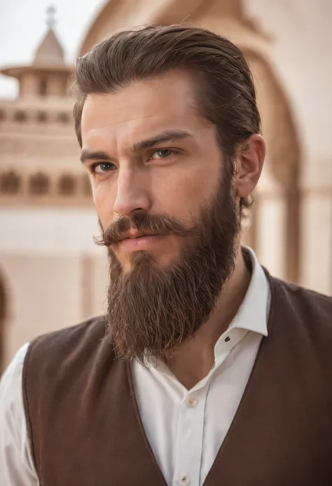 "A man with a majestic beard in a mosque, high resolution, highly detailed, a true masterpiece."