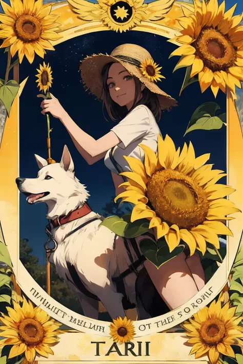 A tarot card name “The Sun” tittle with the girl who ride a dog and surrounding by sunflower. Make it’s like a cartoon.