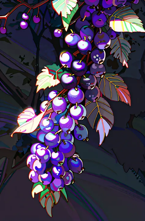 A bouquet of purple acai hanging from a tree, Stroke illustration style rendering