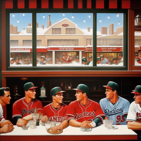 Retro restaurant with white painted snowflakes on the windows, baseball players staring through the window, Micky mantel, in the style of Norman Rockwell