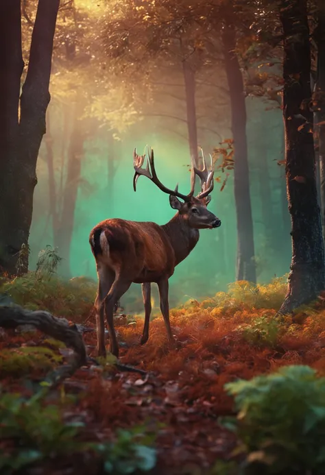 A forest clearing with a deer grazing.