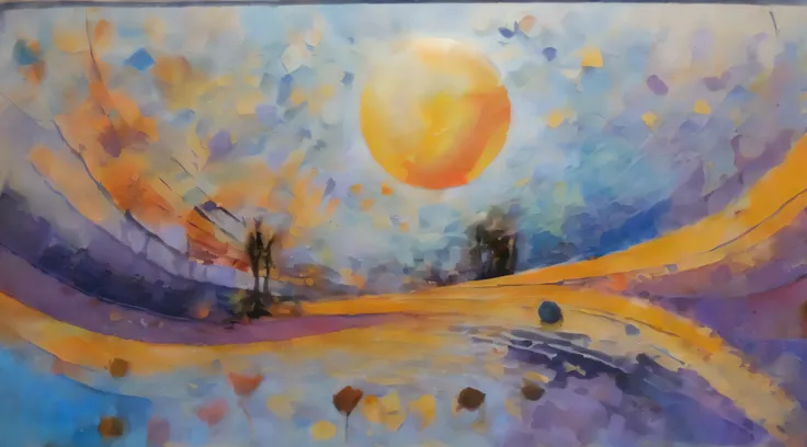 painting of a painting of a sunset with a couple walking in the distance, painting of a dreamscape, luminescent oil painting, highly textured oil painting, brightly coloured oil on canvas, oil painting in a modern style, vivid abstract landscape, abstract ...