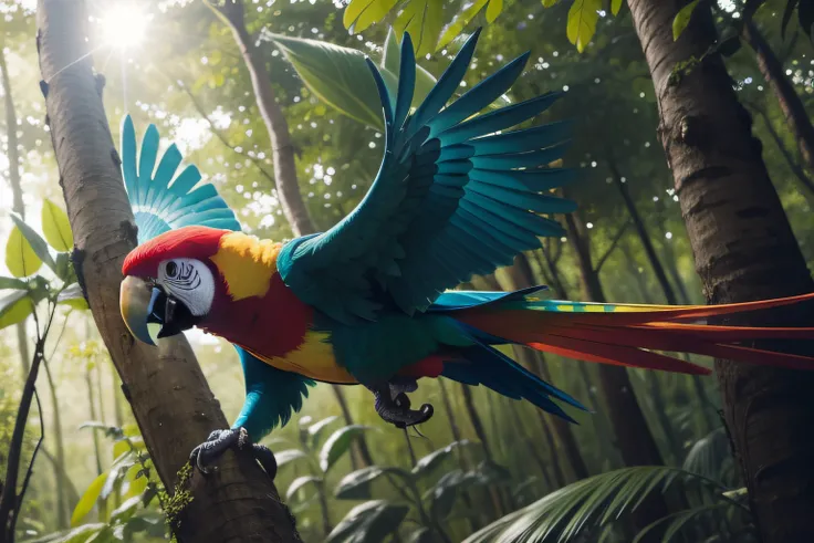 The colorful and playful parrot named Polly flying through the forest.