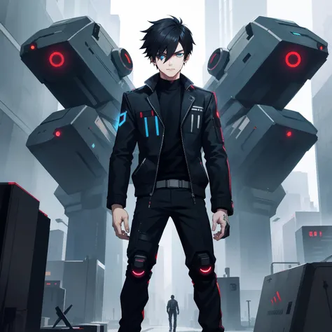 Full Body Cyberpunk, sity, 1boy, A dark-haired, black eyes, cyborgs