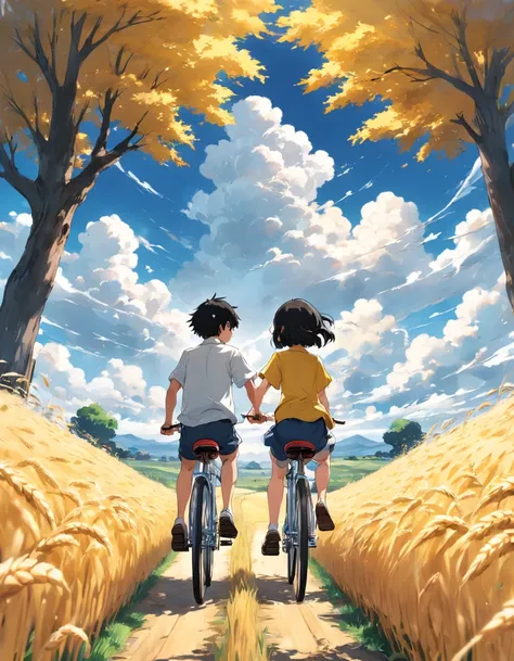 A boy and a girl ride a bike, Boy wears white shirt, with short black hair, Girls wear yellow shirts, cabelos preto e longos, Pass by endless fields of golden wheat。Magnificent scene, Clear blue sky, White clouds, The world of manga by Hayao Miyazaki.