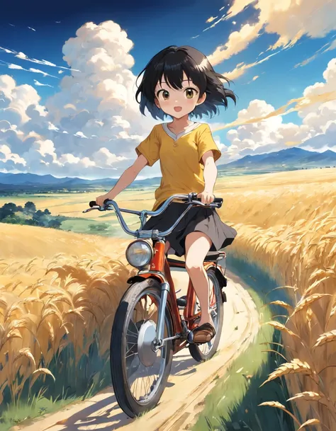 A boy and a girl ride a bike, Boy wears white shirt, with short black hair, Girls wear yellow shirts, cabelos preto e longos, Pass by endless fields of golden wheat。Magnificent scene, Clear blue sky, White clouds, The world of manga by Hayao Miyazaki.