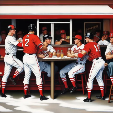 Retro restaurant with white painted snowflakes on the windows, fight in the parking lot, baseball players staring through the window, Micky mantel, in the style of Norman Rockwell, chaos