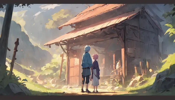 Illustration of Lukas encounter, o jovem pescador angustiado, e Aelius, The wise elder, In front of the hut, where they share a deep conversation that will change the course of Lukas life