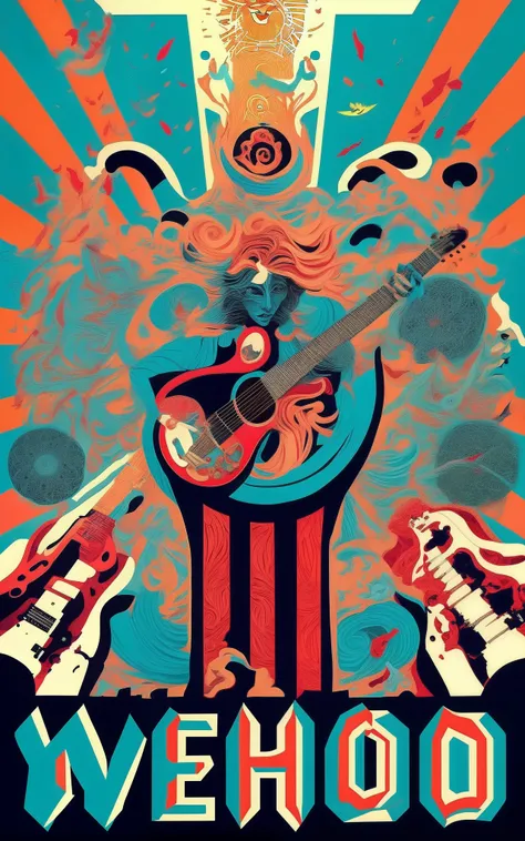 um cartaz com um punho e guitarras no meio, Estilo Shepherd Fairey, Shepard Fairey, Cartaz de Shephard Fairey, Directed by: Joe Mangrum, Jen Bartel, Directed by: Dave Arredondo, Directed by: Bencho Obreshkov, Dan Mumford e Alex Grey Estilo, Sub Arte, Direc...