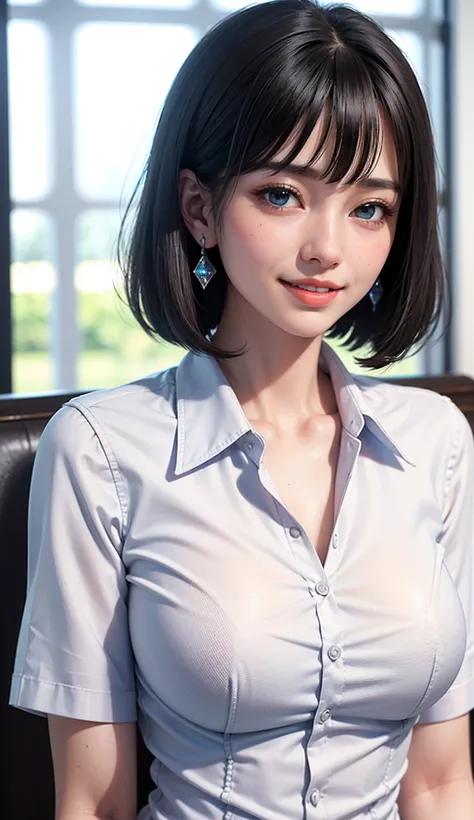 (high-level image quality、high-detail、hightquality、hight resolution、Draw everything in high resolution)、Intense crystal light blue eyes、Small diamond-shaped earrings、Gaze firmly into the camera、Put your ears out、Smiling very happily、Very beautiful teeth、Ve...