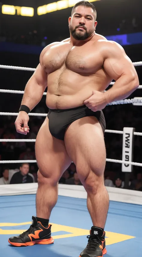 solo person，male people，Muscle wrestler，musculous，Stout wrestler，jpn，uncle，45-year-old middle-aged man，Short hair，short detailed hair，Wrestling boots，athletic sneakers，Full body like，Panorama Figures，WWE rings，WWE American professional wrestling，spotlight ...