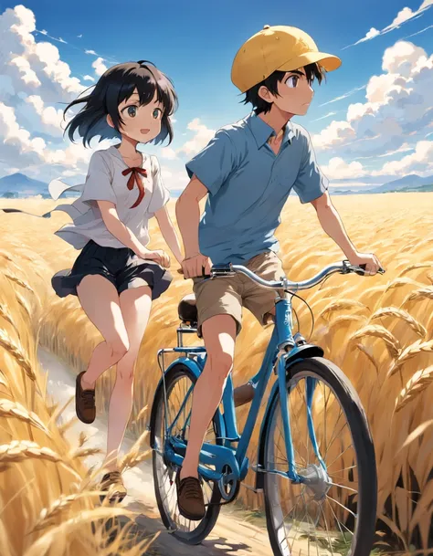 A boy and a girl ride a bike, Boy wears white shirt, with short black hair, Girls wear yellow shirts, cabelos preto e longos, Pass by endless fields of golden wheat。Magnificent scene, Clear blue sky, White clouds, The world of manga by Hayao Miyazaki.