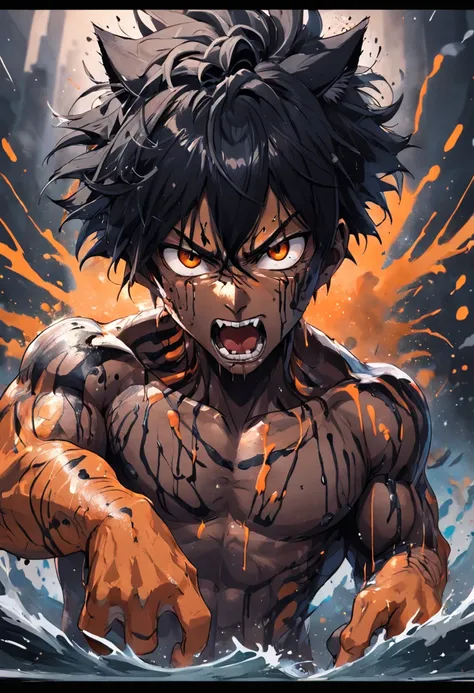 Preto e cinza arte de tatuagem realista do tigre com (((olhos alaranjados))) with ink splatter sketch effect ,Hes open-mouthed looking very fierce and angry