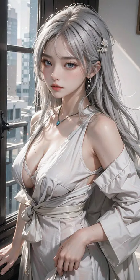 (1girl in:1.3)、独奏、__body-parts__、Official art、unity 8k wall paper、ultra-detailliert、Beautifully Aesthetic、Beautiful fece、White hair、Colossal tits、​masterpiece、top-quality、Fantastic atmosphere、Calm palette、Engaging pose、Calm mood、Soft shading、Nurse、Charm sp...