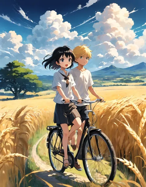 A boy and a girl ride a bike, Boy wears white shirt, with short black hair, Girls wear yellow shirts, cabelos preto e longos, Pass by endless fields of golden wheat。Magnificent scene, Clear blue sky, White clouds, The world of manga by Hayao Miyazaki.