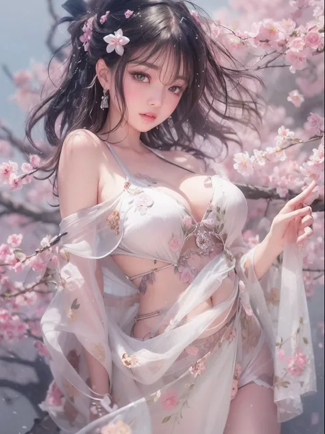 loose outfit、Show shoulders、Navel Ejection、How to wear a gown with a broken see-through halter neck、Decorated with intricate patterns and pastel colors、Transparent material that makes the skin shine、Artistic depiction of seductive woman in gown with wet th...