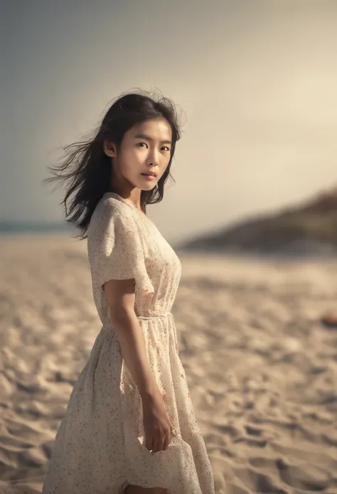 Best Quality, masutepiece, 超A high resolution, (Photorealistic:1.4), 1girl in, wearing a summer dress, (in beach), (lovely breast:1.2), Looking at Viewer, (((straight from front))), Film grain, 富士XT3, ((medium shot:1.5)), (Professional Lighting:1.6)